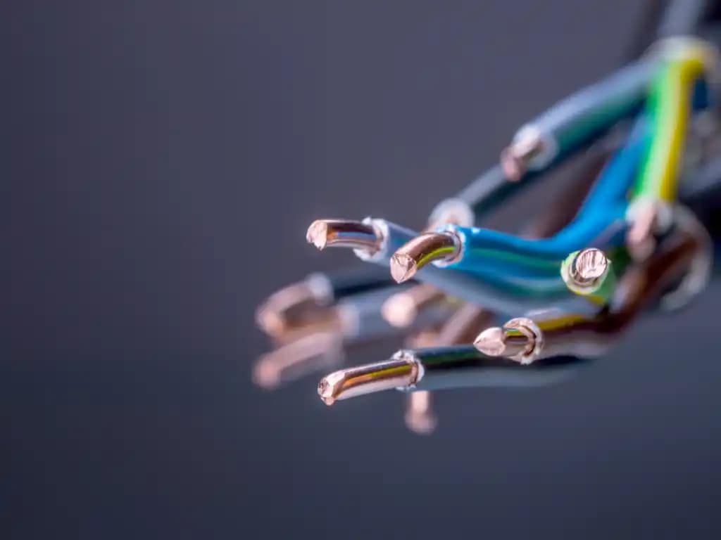 A imagem apresenta cabos elétricos desencapados, evidenciando os condutores de cobre expostos nas extremidades. Os fios possuem revestimentos isolantes coloridos, em tons como azul, verde, amarelo e preto, padrão comum em instalações elétricas.